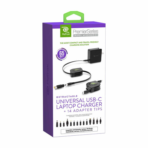 Helix/Retrak Charger 65W with 14 Tips Black + 6 inch USB-C Cable for Apple/PC Laptop