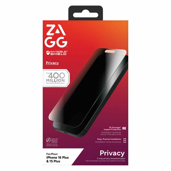 ZAGG InvisibleShield Glass Elite 2-Way Privacy Screen Protector for iPhone 16 Plus/15 Plus