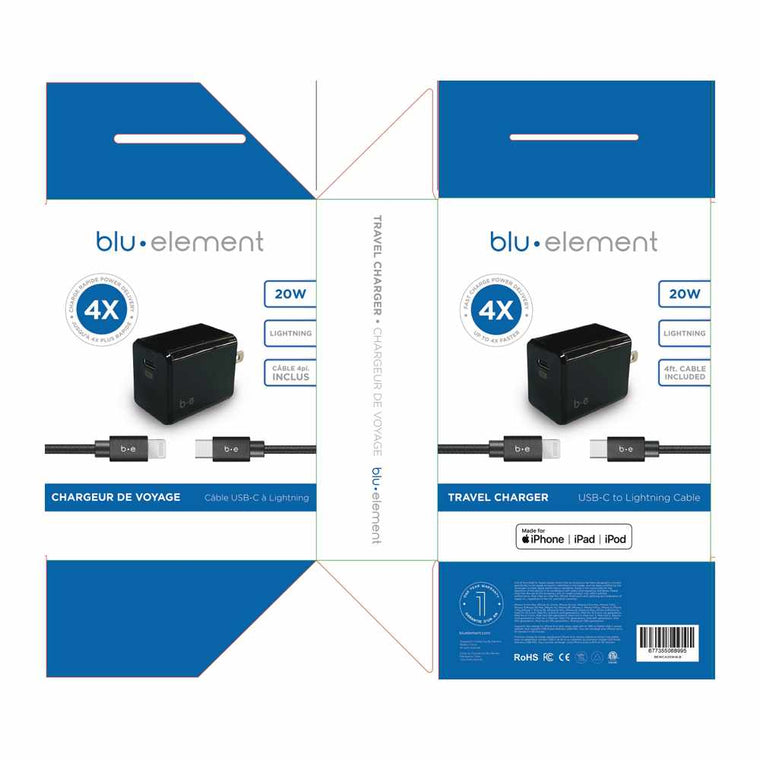 BEWCA20W4LB Wall Charger USB-C 20W PD USB-C to Lightning Cable 4ft Black