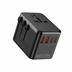 Bulk Packaging Universal International Travel Adapter 25W with 2 USB-A Ports/USB-C Ports & Nylon Pouch Black