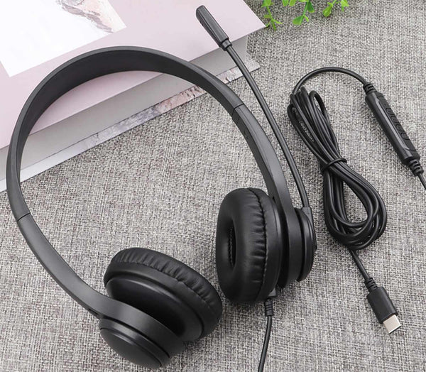Bulk Packaging Stereo Boom Wired Headphones with Mic and USB-C Connector Black in Bulk