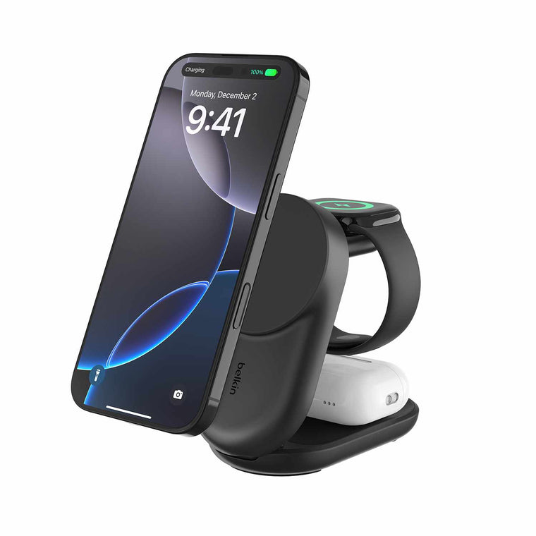 Belkin UltraCharge Qi2 3-in-1 Foldable Magnetic Charger 25W Black