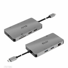 Club3D USB-C 3.2 Gen 1 8-in-1 Hub with 2X HDMI/2X USB/RJ45/SD/Micro SD Card Slots and USB-C Female Port Adapter Gray