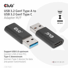 Club3D USB 3.2 to USB-C 3.2 Male/Female Adapter Black