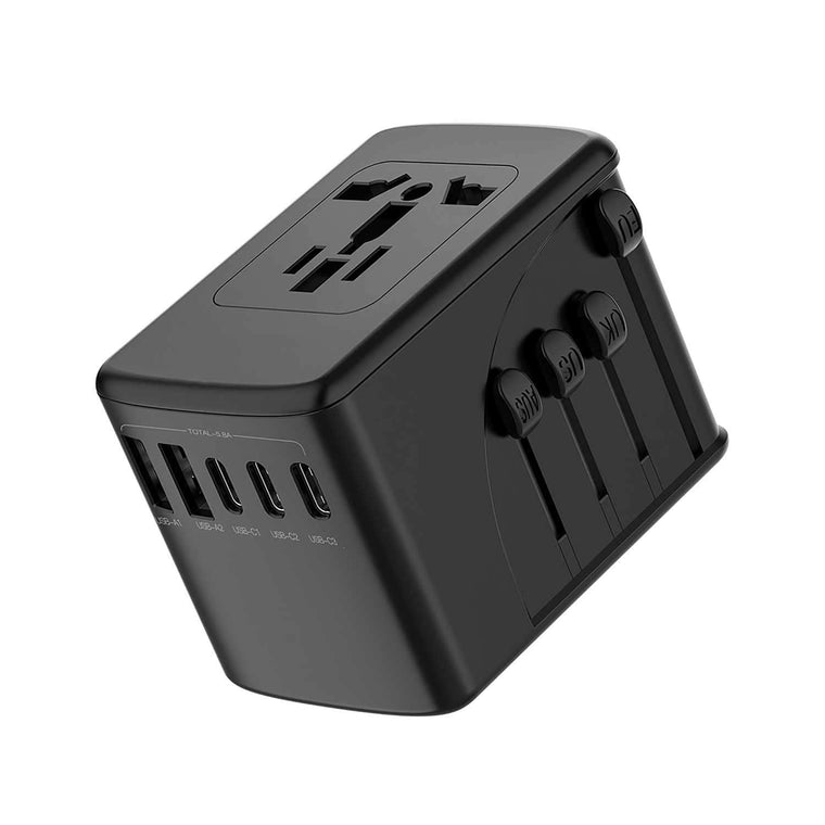 LKJCGSL2003C2ABK Universal Travel Adapter 2 USB-A & 3 Type C Ports 5.8A Output with Nylon Pouch Black