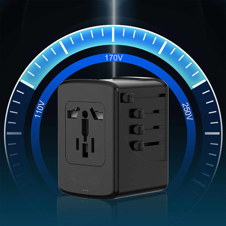 LKJCGSL2003C2ABK Universal Travel Adapter 2 USB-A & 3 Type C Ports 5.8A Output with Nylon Pouch Black