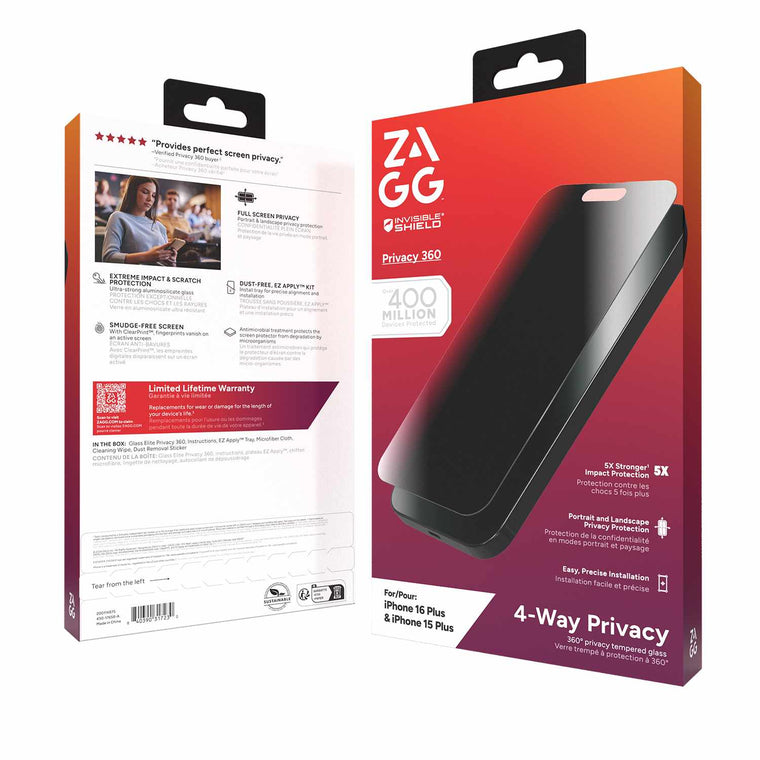 ZAGG InvisibleShield Glass Elite 4-Way Privacy Screen Protector for iPhone 16 Plus/15 Plus