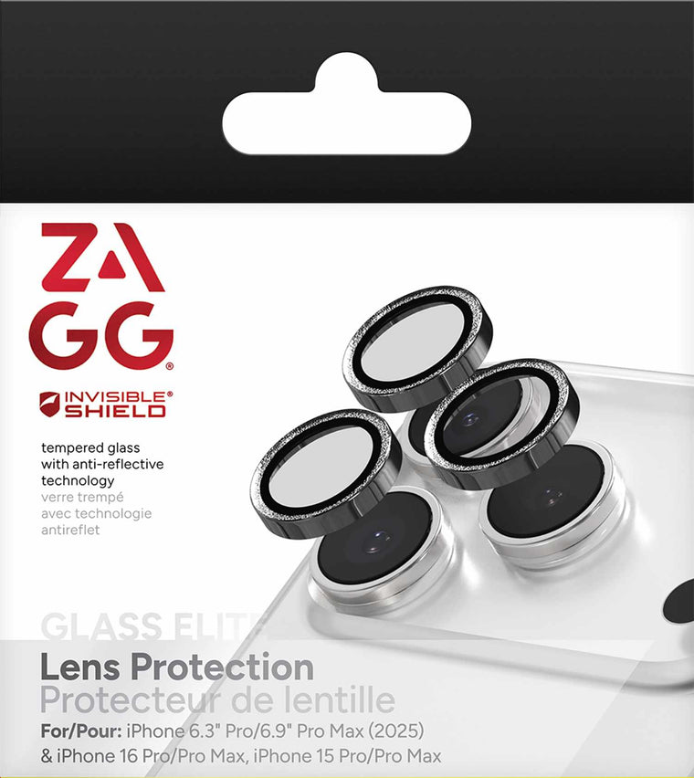 200118683 InvisibleShield Glass Elite Anti-Reflective Lens Protector iPhone 17 Pro/17 Pro Max/iPhone 16 Pro Max/16 Pro/15 Pro Max/15 Pro Silver Glitter