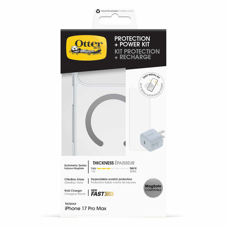 OtterBox Protection+Power Kit (Symmetry Clear MagSafe w/Glass + Wall Charger 30W White) Clear for iPhone 17 Pro Max