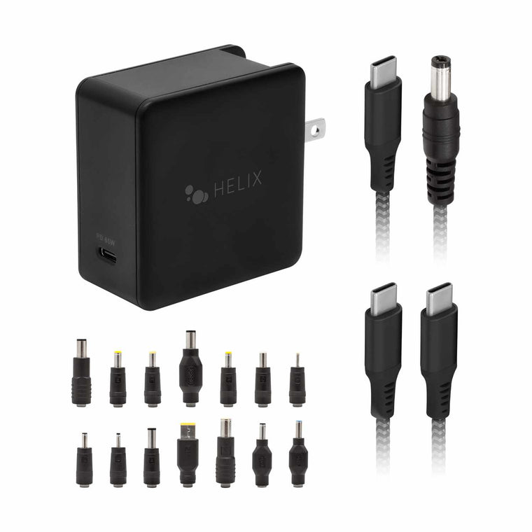 Helix/Retrak Apple/PC Laptop Charger 65W 14 Tips + 6 inch USB-C Cable Black