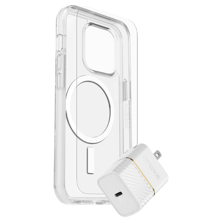 OtterBox Protection+Power Kit (Symmetry+ with MagSafe Clear w/Trusted Glass Screen Protector and Wall Charger 20W White) for iPhone 14 Pro