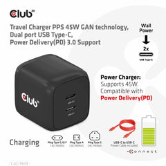 Club3D Travel Charger PPS 45W GAN Dual Port USB-C Power Delivery 3.0 Support Black